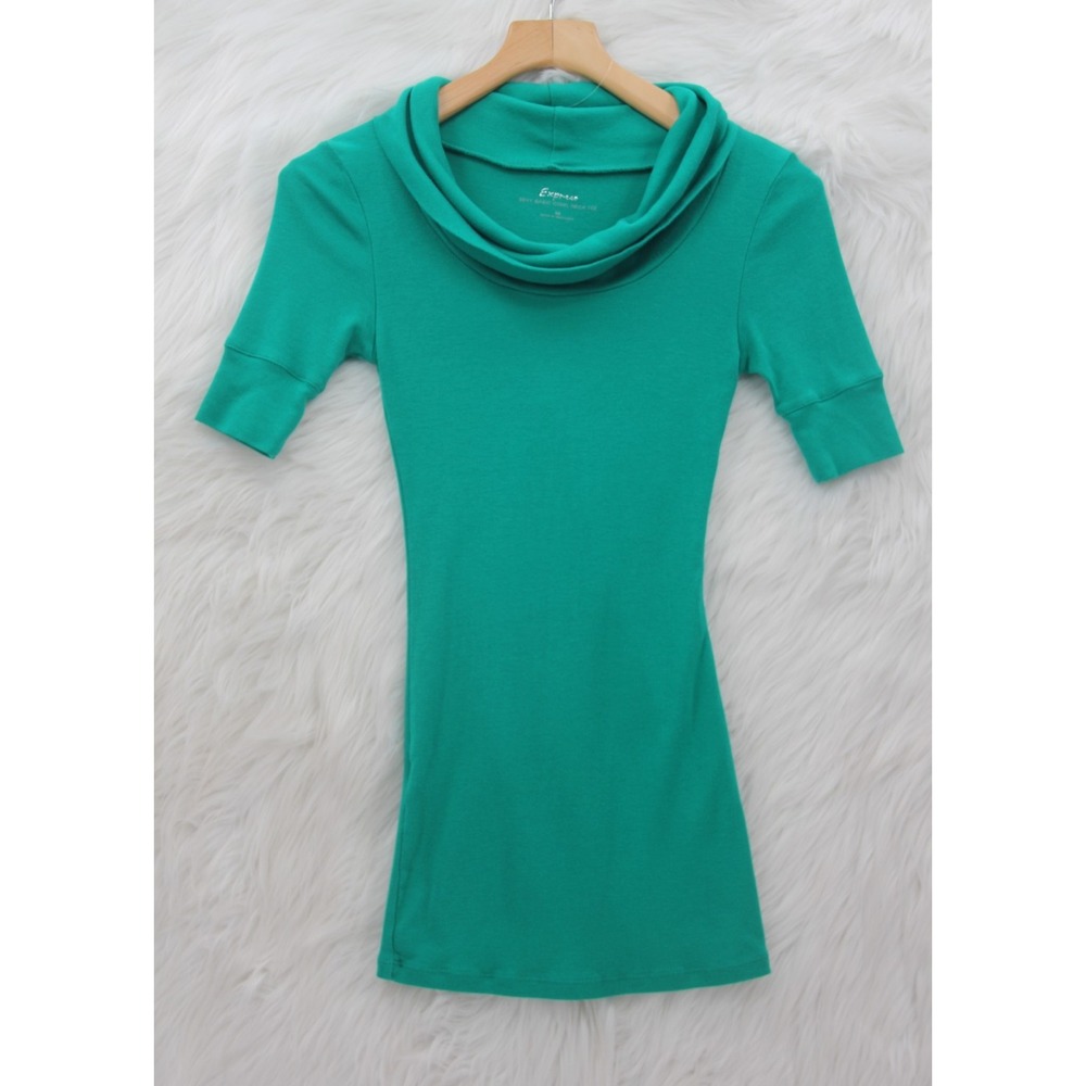 Express Women Green Cowl Neck Tee Short Sleeve Knit Dress Sexy Basics XS Y2K Vtg